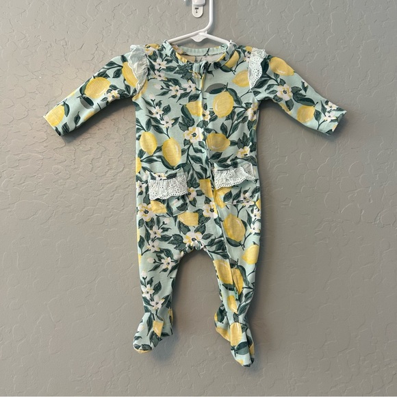 Jessica Simpson mint ruffle lemon print footie pajama and hair bow sz 0-3 month - Picture 1 of 15